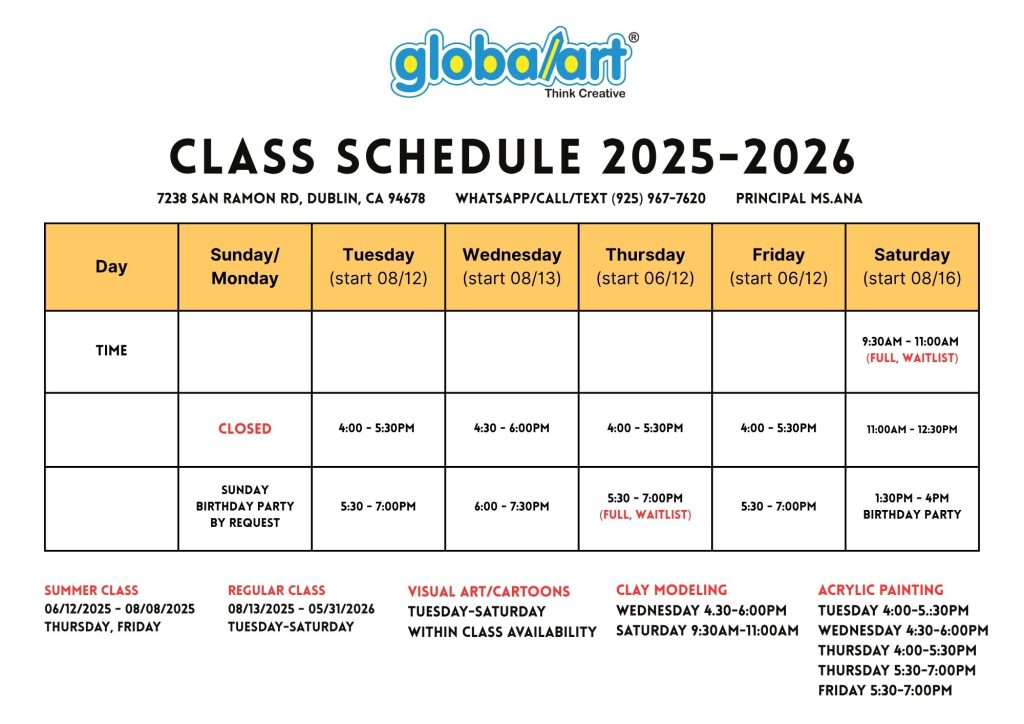 Global Art Dublin art classes schedule