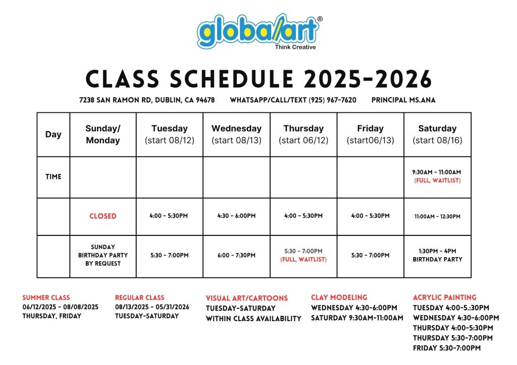 Class Schedule at Global Art Dublin