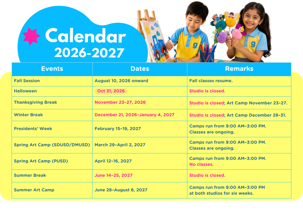 Global Art Torrey Highlands 2026–2027 calendar showing fall session, holiday closures, school breaks, and seasonal art camp dates.