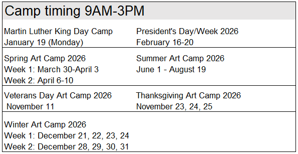 martin luther king art camp, presidents day art camp, spring art camp, thanksgiving camp, winter camp, veterans day camp, summer camp early bird, summer art camp 2026