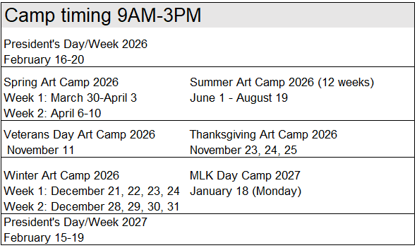 martin luther king art camp, presidents day art camp, spring art camp, thanksgiving camp, winter camp, veterans day camp, summer camp early bird, summer art camp 2026, summer camp dublin, summer camp early bird dublin, summer camp early bird san ramon, summer camp early bird pleasanton, summer camp early bird livermore, summer camp early bird danville