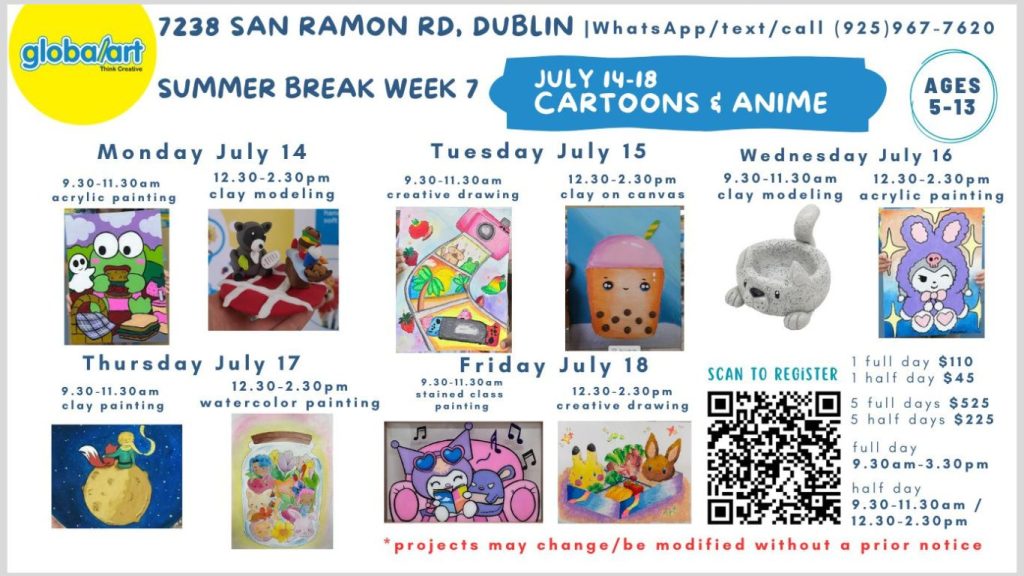 Summer art camp projects, clay modeling, drawing, acrylic painting, watercolor painting